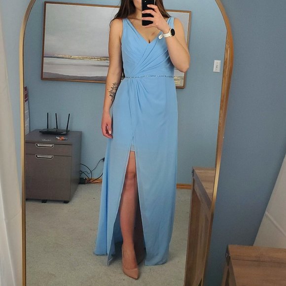 Alfred Angelo Chiffon Light Blue Bridesmaid or Grad Dress with Sequin Belt Sz 8 - Picture 1 of 9